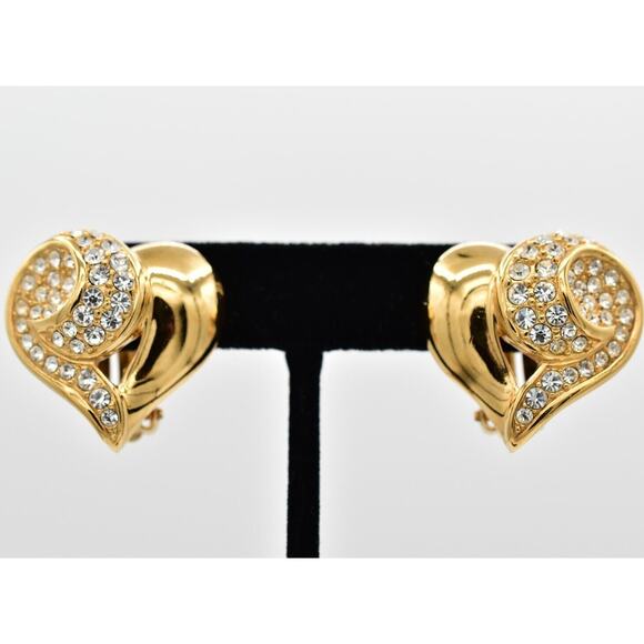 Givenchy Vintage Crystal Heart Clip On Earrings Gold Chunky Signed 1980s BinAZ - Picture 1 of 12